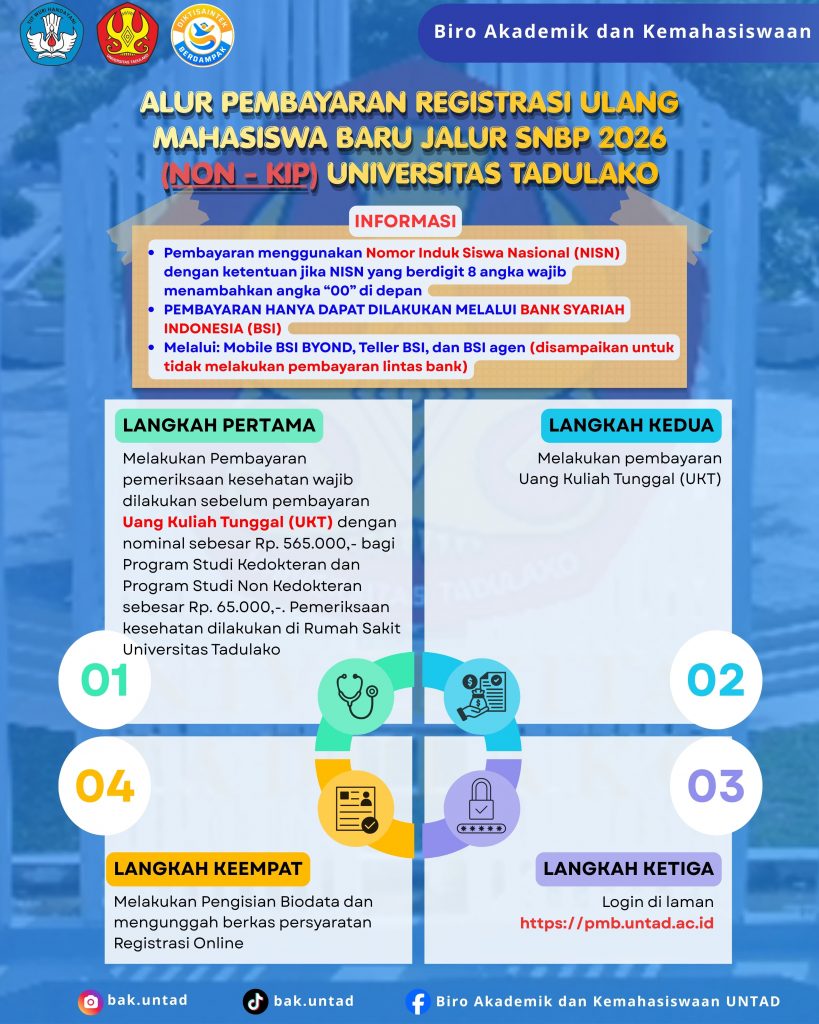 ALUR PEMBAYARAN REGISTRASI ULANG MAHASISWA BARU JALUR SNBP 2026 (NON – KIP) UNIVERSITAS TADULAKO