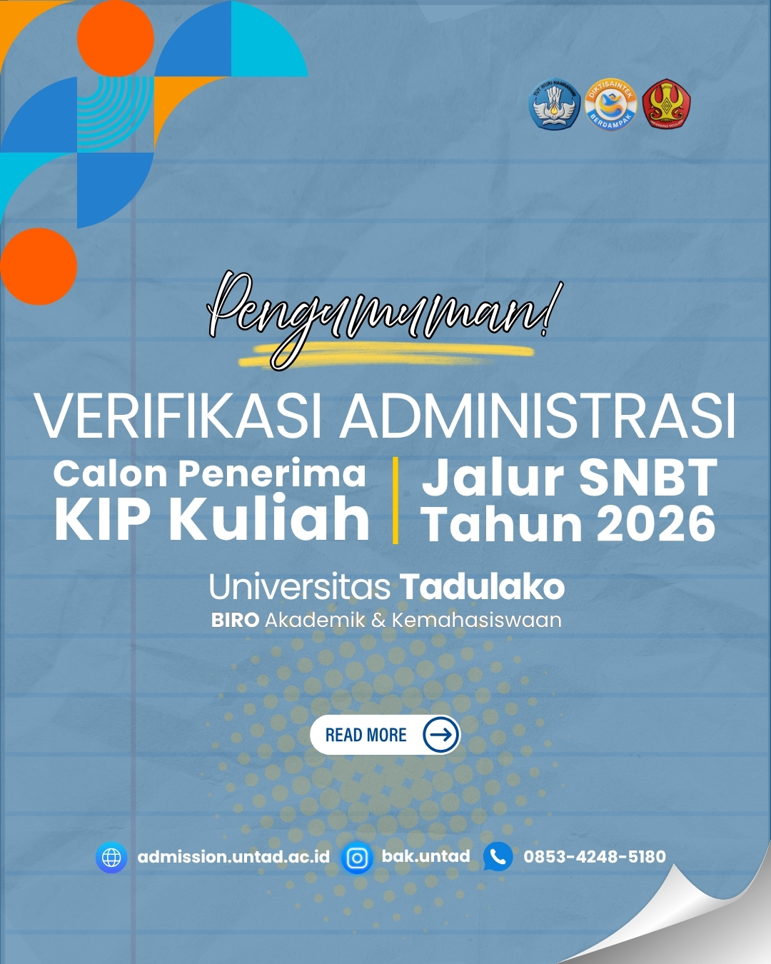 Pengumuman Verifikasi Administrasi Penerima KIP Kuliah Jalur SNBT Universitas Tadulako Tahun 2026