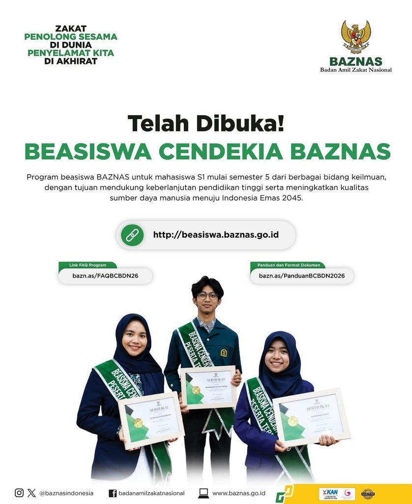 🎓 *BEASISWA CENDEKIA BAZNAS 2026 TELAH DIBUKA!*🌱✨